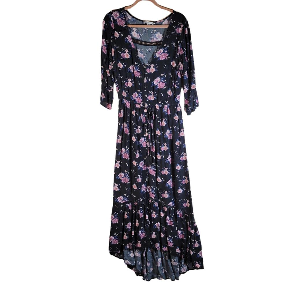 American Eagle Outfitters Black Floral V Neck Boho Maxi Dress Women Size M